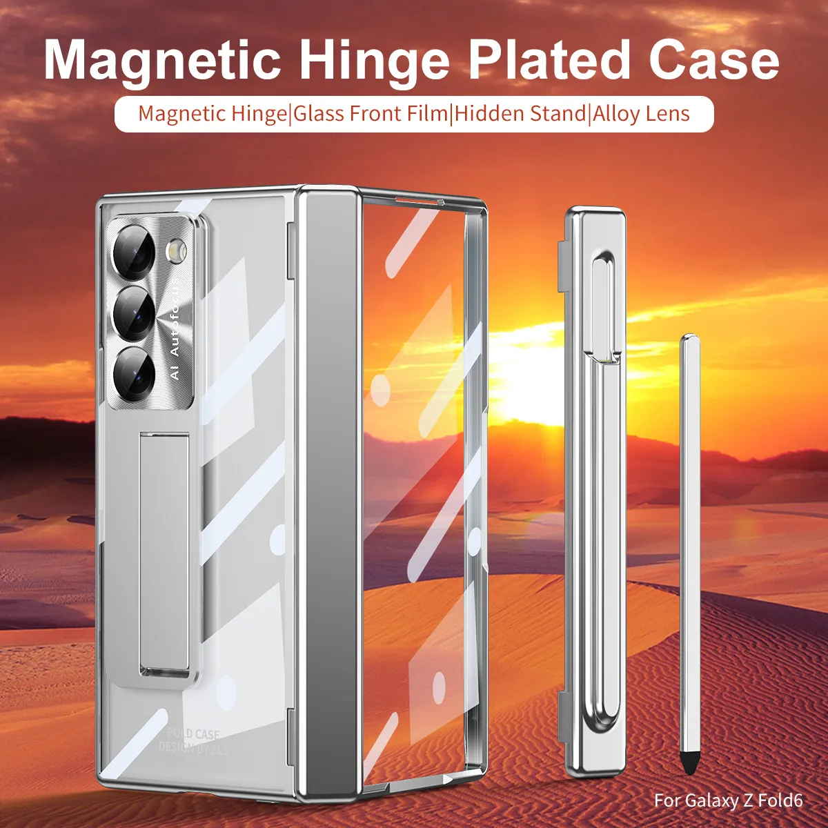 Samsung ZFold 6 phone case with magnetic hinge, W24 electroplated transparent pen slot.