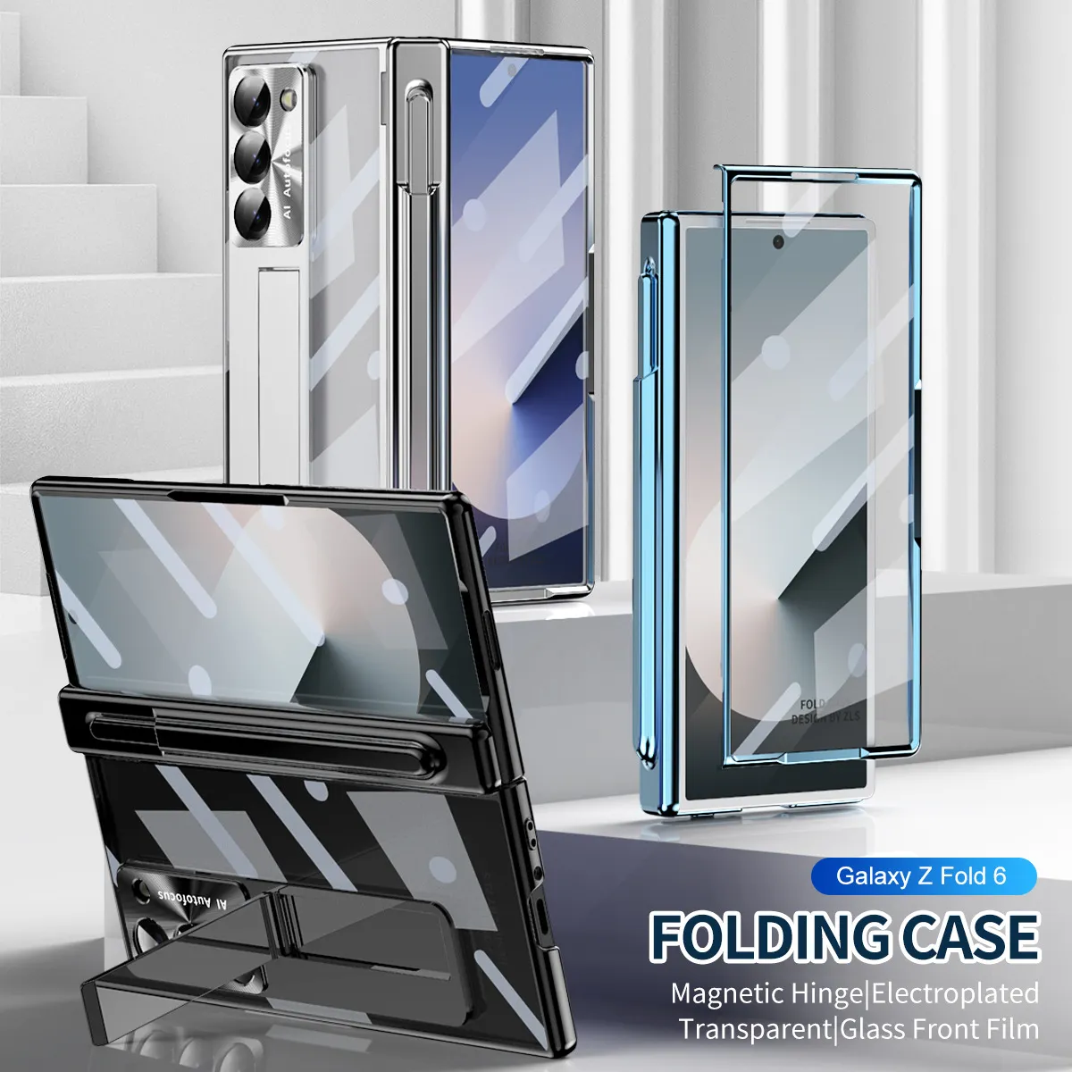 Samsung ZFold 6 phone case with magnetic hinge, W24 electroplated transparent pen slot.