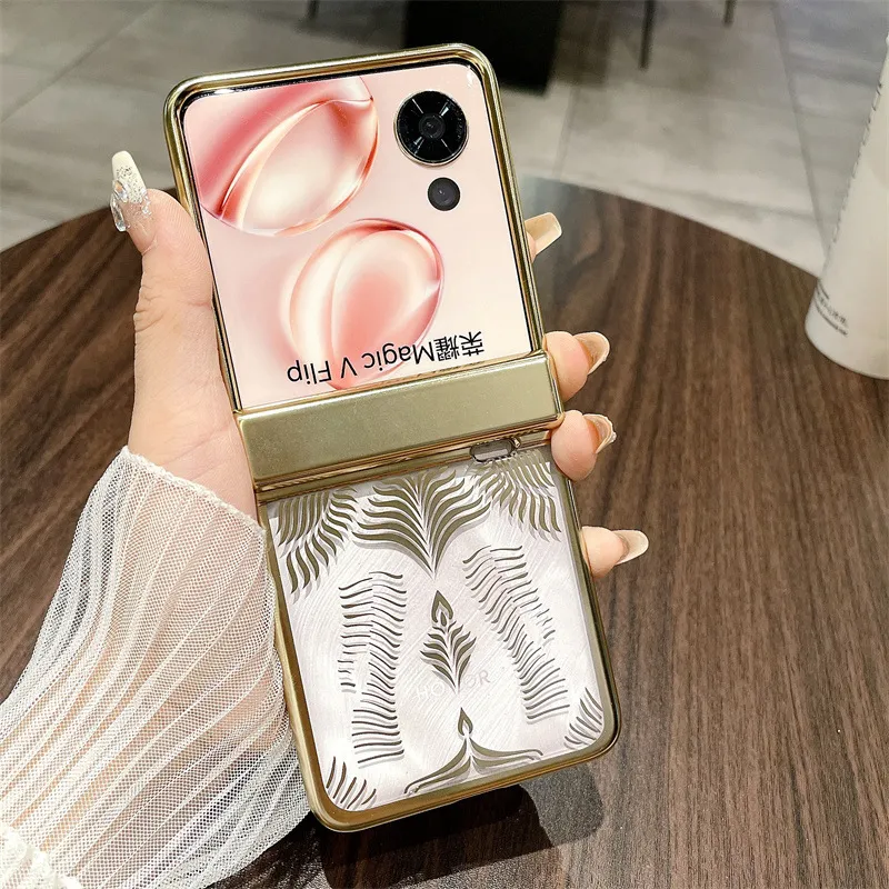 Suitable for Honor Magic V Flip phone cases with foldable screens, featuring luxurious electroplated hinges and shockproof protection.