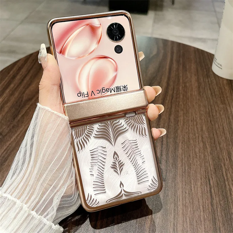 Suitable for Honor Magic V Flip phone cases with foldable screens, featuring luxurious electroplated hinges and shockproof protection.