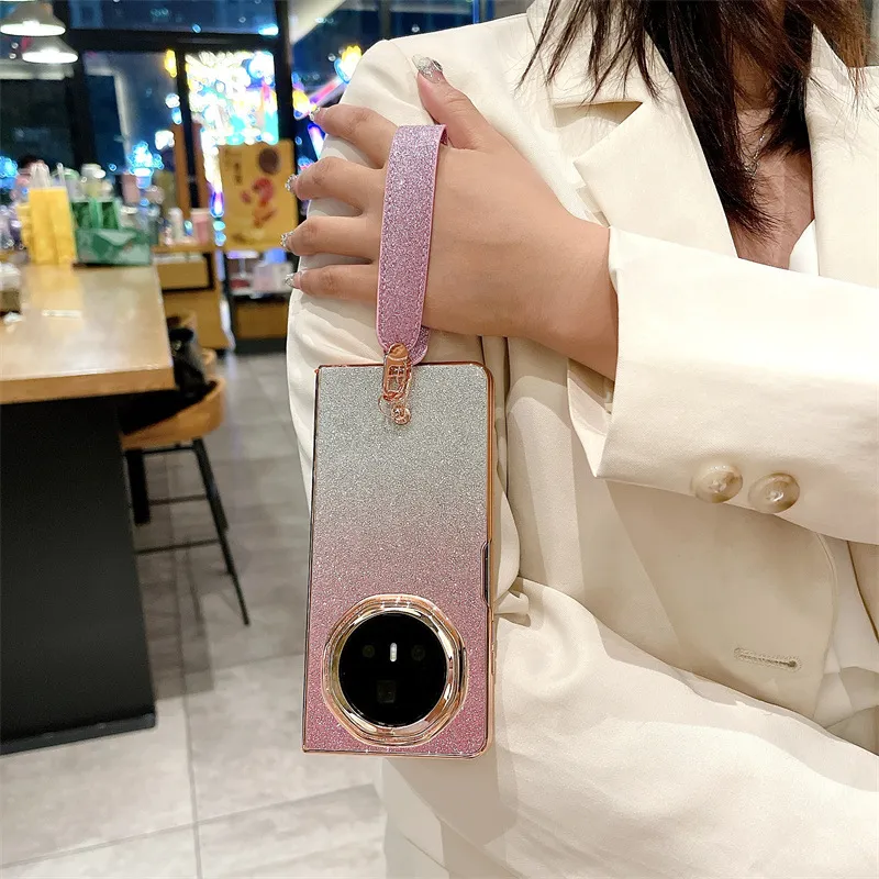 Honor MagicV3 Phone Case, MagicV3 Foldable Glitter Handheld Wrist Strap, Vegan Leather, Drop-Proof Protective Case