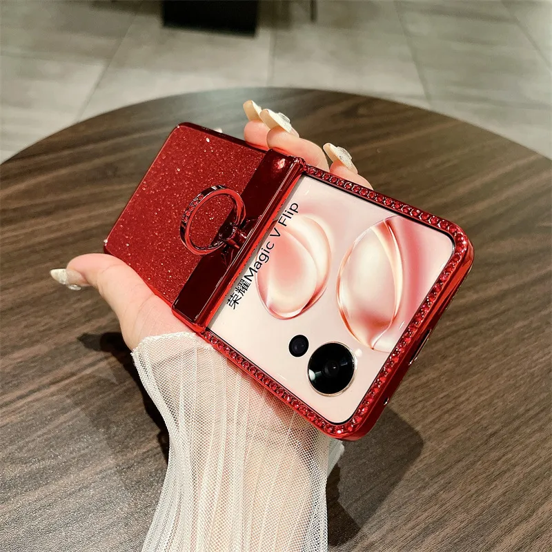 Suitable for Honor Magic V Flip phone cases with foldable screens, luxurious diamond-studded glitter, drop-proof protection.