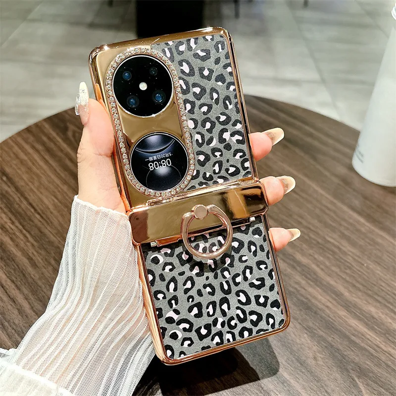 Huawei Pocket 2 phone case, foldable screen, leopard print stand, protective leather case, hinge fully covered, drop-proof and suitable.