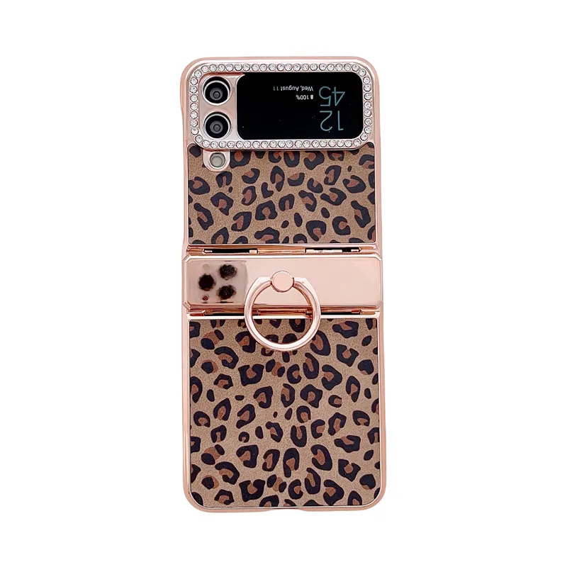 Samsung Flip 4 phone case, FLIP3 foldable screen leopard print light luxury electroplated stand full-coverage drop protection case
