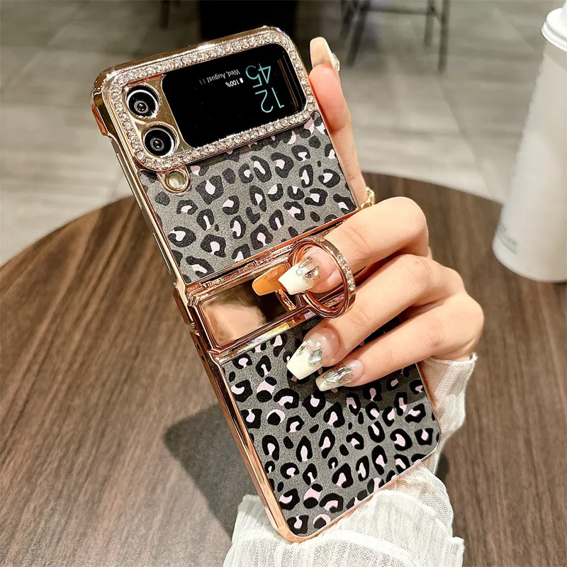 Samsung Flip 4 phone case, FLIP3 foldable screen leopard print light luxury electroplated stand full-coverage drop protection case