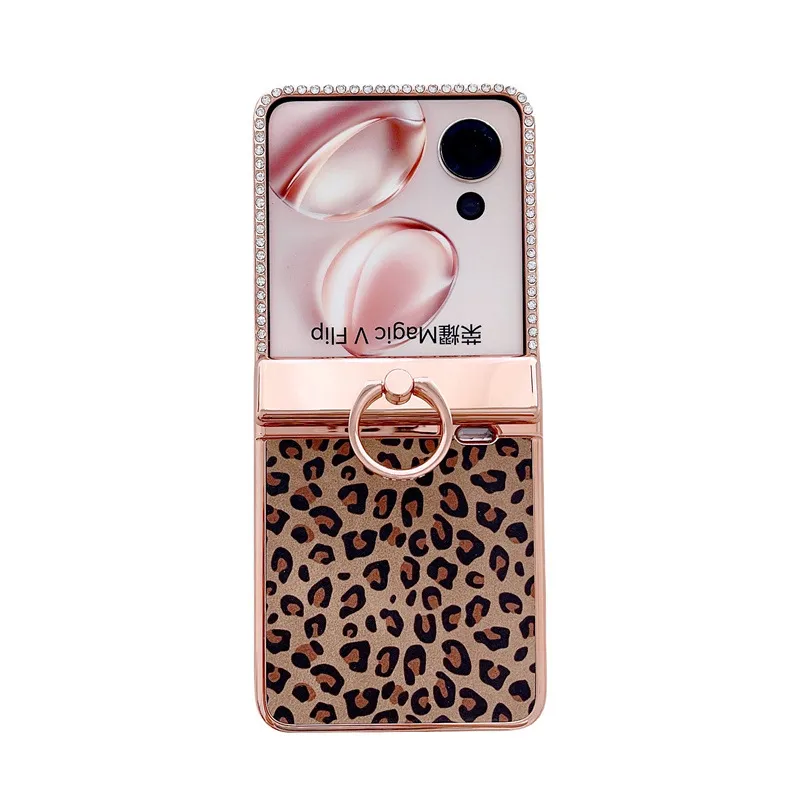 Suitable for Honor Magic V Flip phone cases with foldable screens, featuring luxurious electroplated leopard print for drop protection.