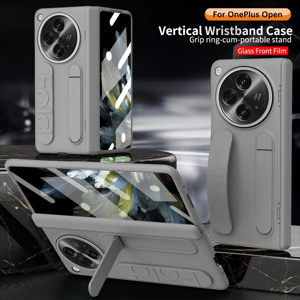 Compatible with OnePlus Open phone case, OnePlus folding wrist strap, vertical stand, hinge, full-coverage drop-proof protective case.