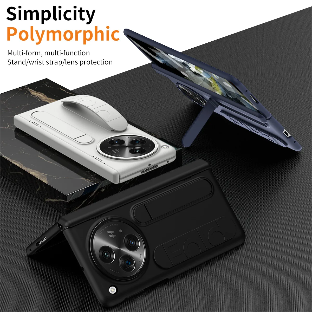 Compatible with OnePlus Open phone case, OnePlus folding wrist strap, vertical stand, hinge, full-coverage drop-proof protective case.