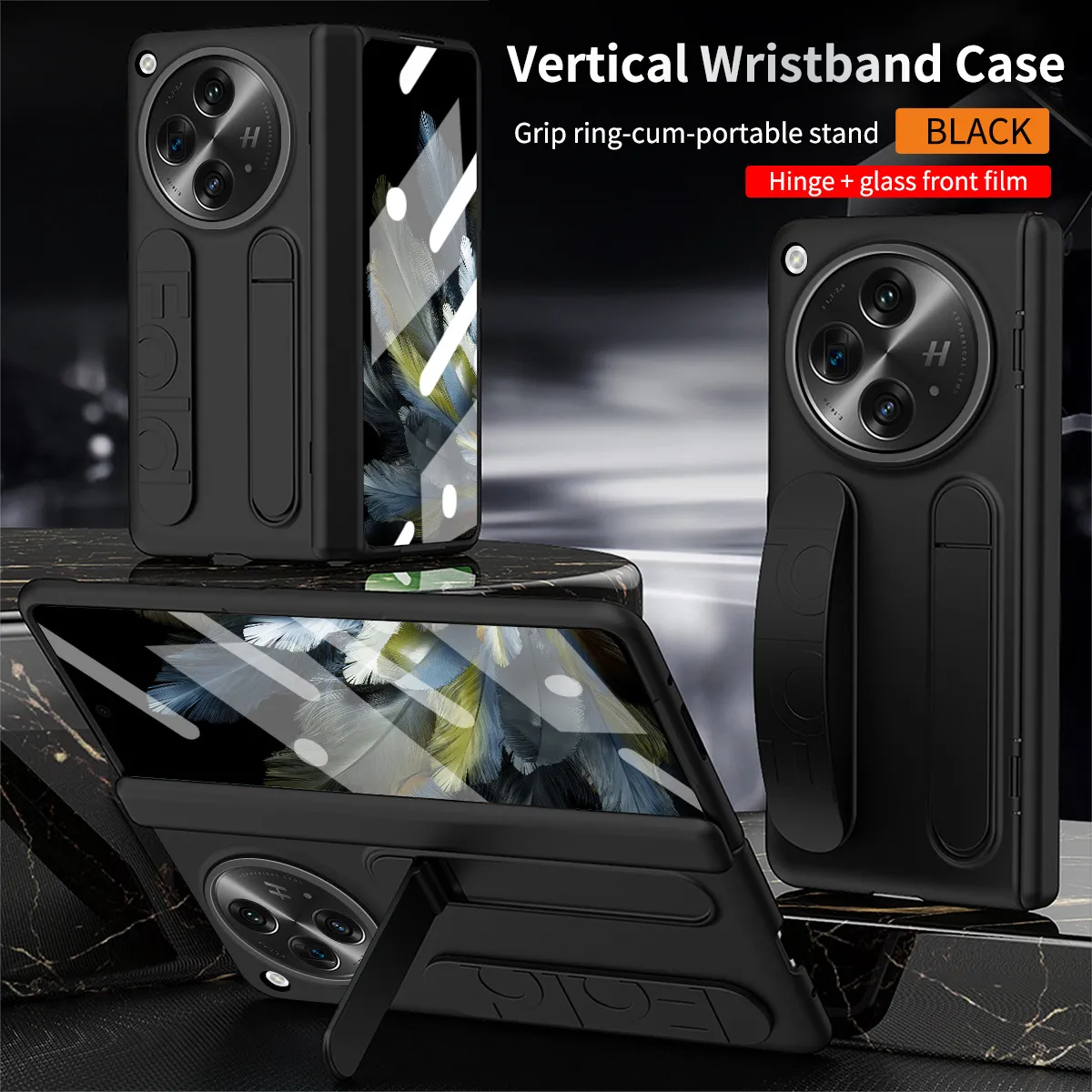Compatible with OnePlus Open phone case, OnePlus folding wrist strap, vertical stand, hinge, full-coverage drop-proof protective case.