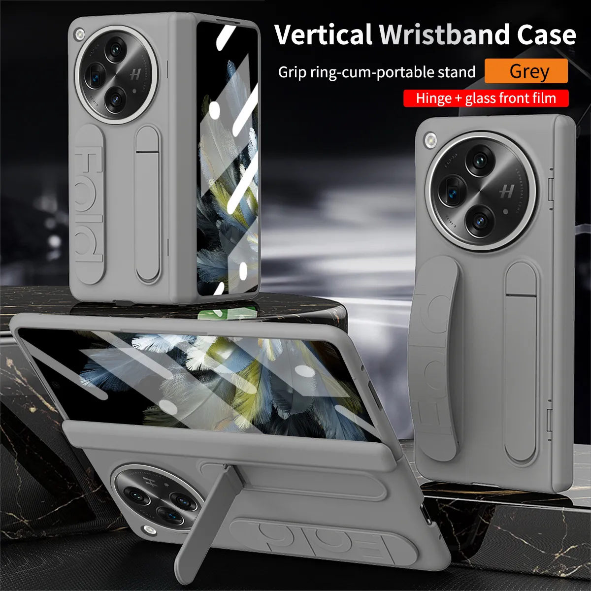 Compatible with OnePlus Open phone case, OnePlus folding wrist strap, vertical stand, hinge, full-coverage drop-proof protective case.