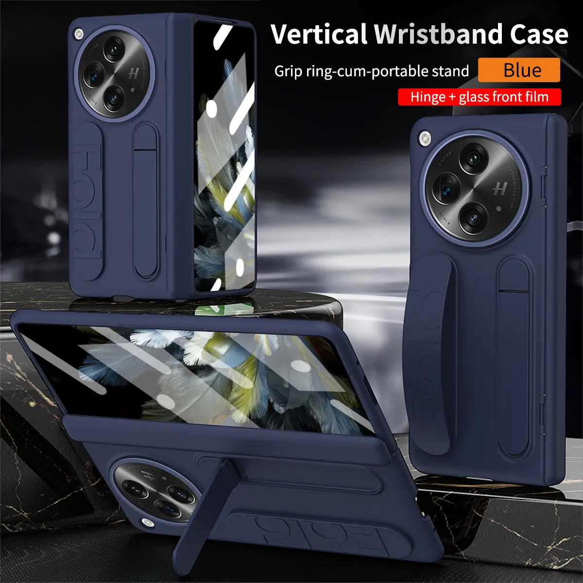 Compatible with OnePlus Open phone case, OnePlus folding wrist strap, vertical stand, hinge, full-coverage drop-proof protective case.