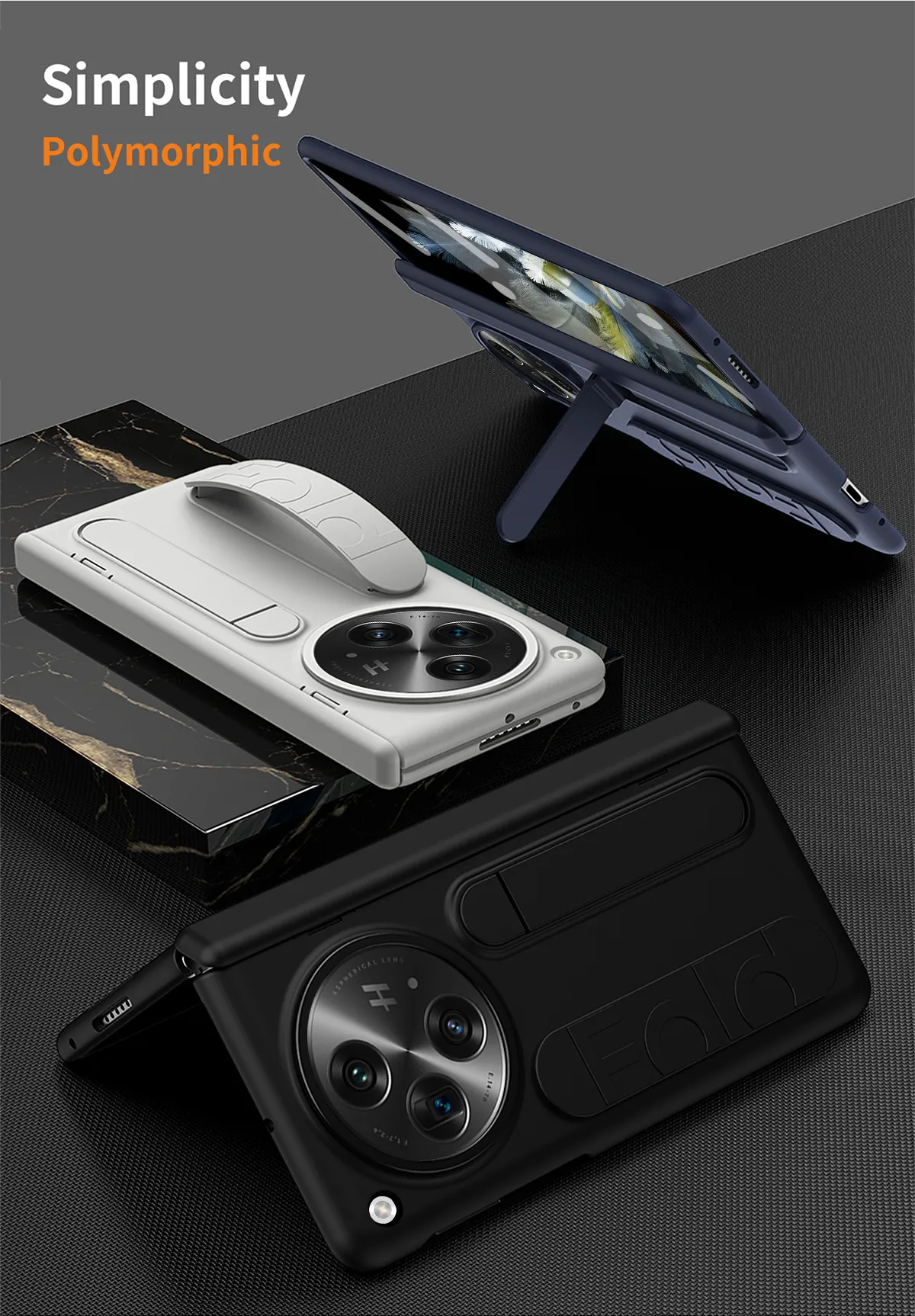 Compatible with OnePlus Open phone case, OnePlus folding wrist strap, vertical stand, hinge, full-coverage drop-proof protective case.