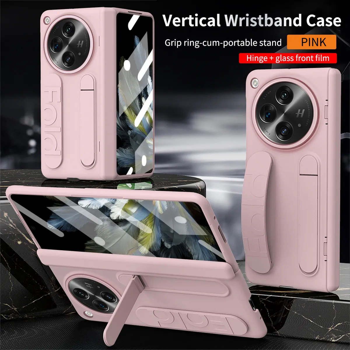 Compatible with OnePlus Open phone case, OnePlus folding wrist strap, vertical stand, hinge, full-coverage drop-proof protective case.
