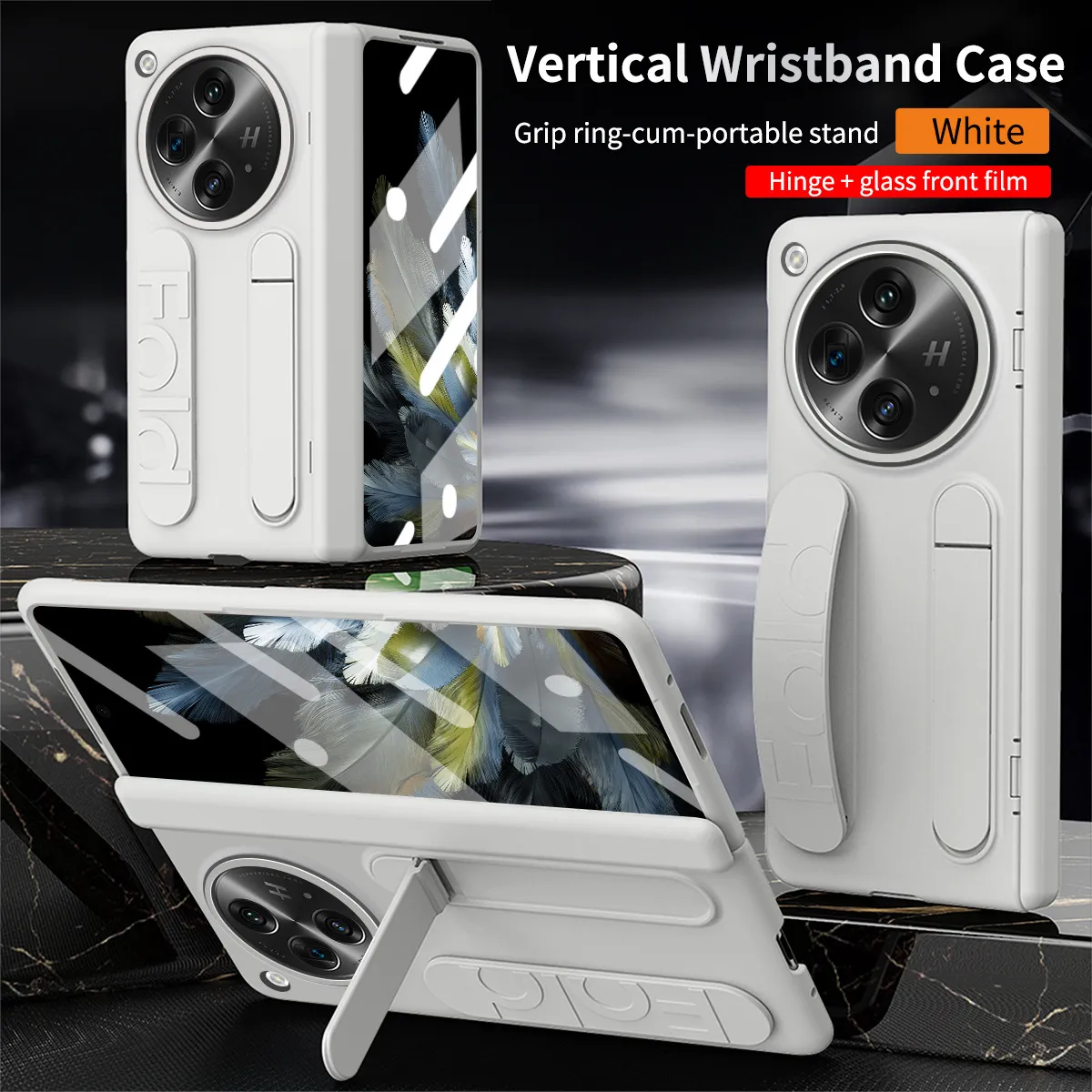 Compatible with OnePlus Open phone case, OnePlus folding wrist strap, vertical stand, hinge, full-coverage drop-proof protective case.