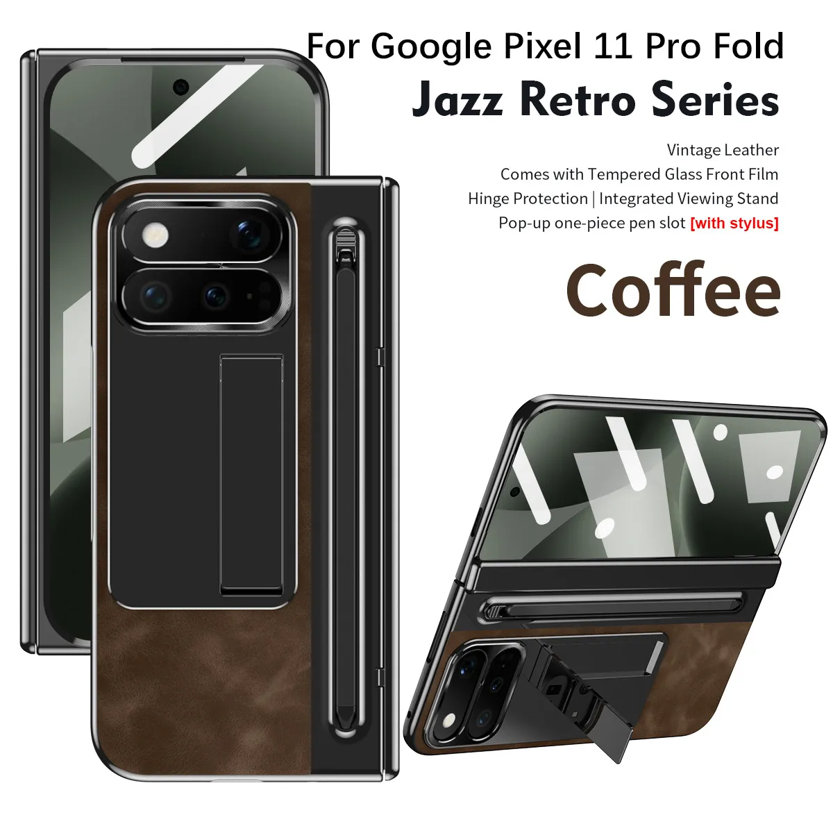 Compatible with Google Pixel 11 Pro and Google 9 Pro vegan leather pen slot hinge full-coverage drop-proof protective case