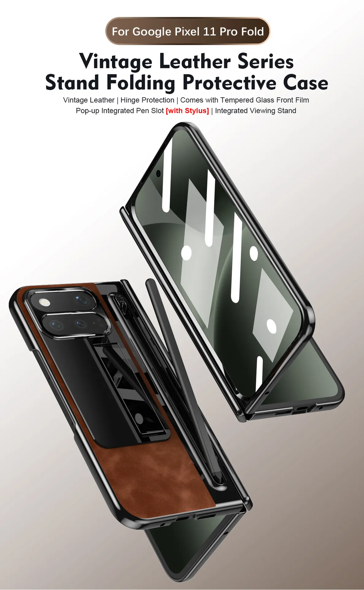 Compatible with Google Pixel 11 Pro and Google 9 Pro vegan leather pen slot hinge full-coverage drop-proof protective case