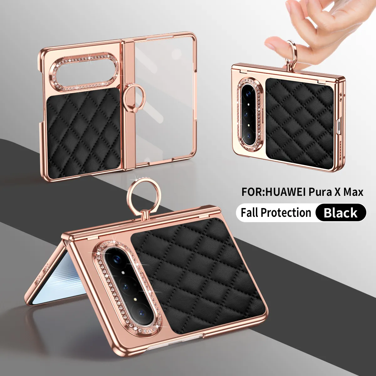 Huawei Pura X MAX Phone Case, PURA X Foldable Screen Diamond Electroplated Chanel Style Ring Protective Case