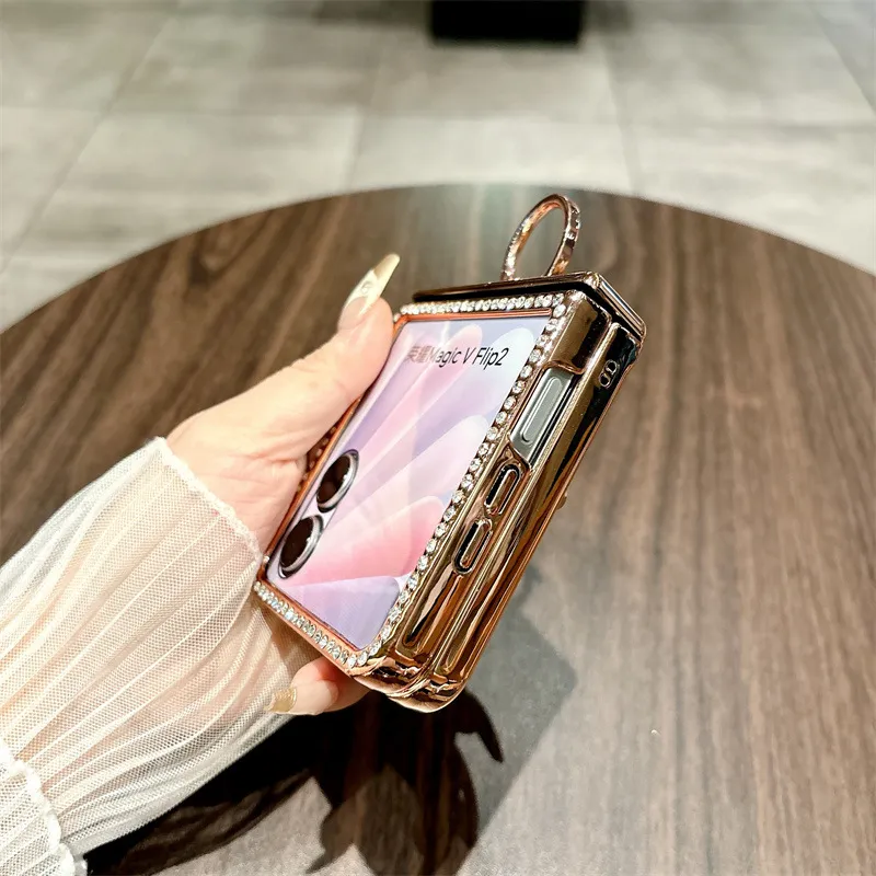 Honor V Flip2 Phone Case, Foldable Screen Protector, Integrated Stand, Glitter Hinge, Full Coverage, Drop Protection