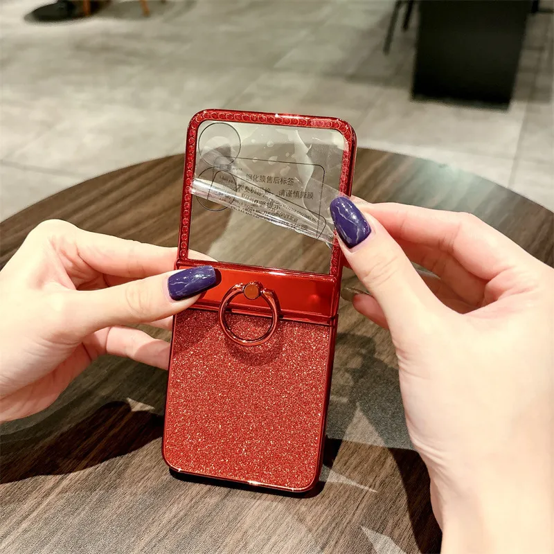 Compatible with Xiaomi MIX Flip phone case, China Red folding ring glitter full-coverage hinge drop protection