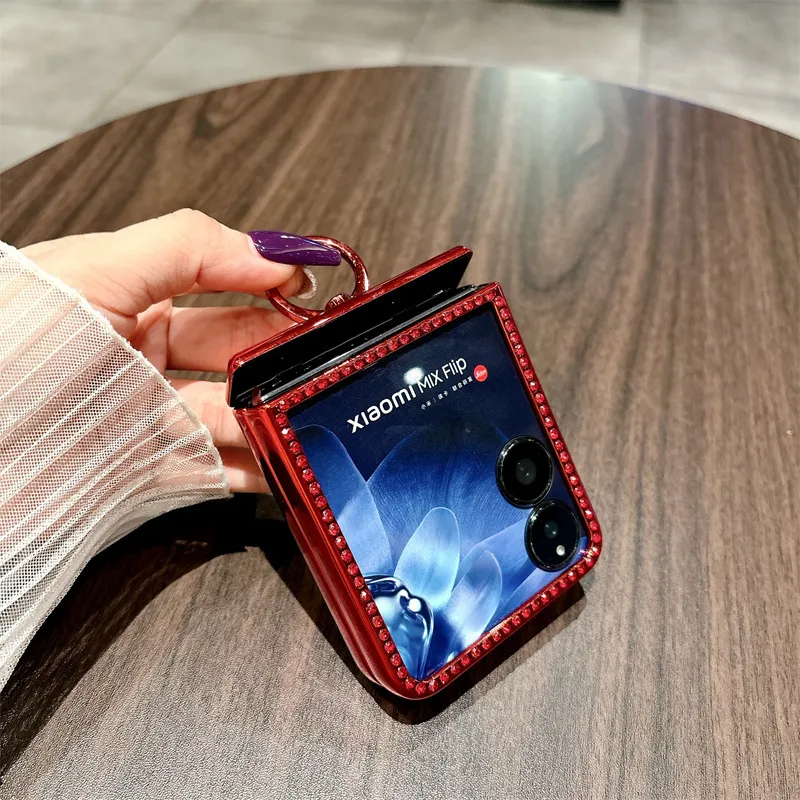 Compatible with Xiaomi MIX Flip phone case, China Red folding ring glitter full-coverage hinge drop protection