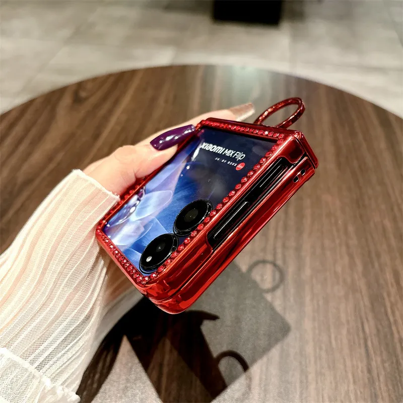 Compatible with Xiaomi MIX Flip phone case, China Red folding ring glitter full-coverage hinge drop protection