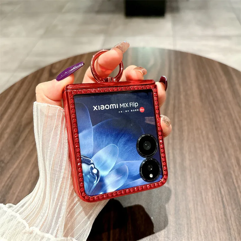 Compatible with Xiaomi MIX Flip phone case, China Red folding ring glitter full-coverage hinge drop protection