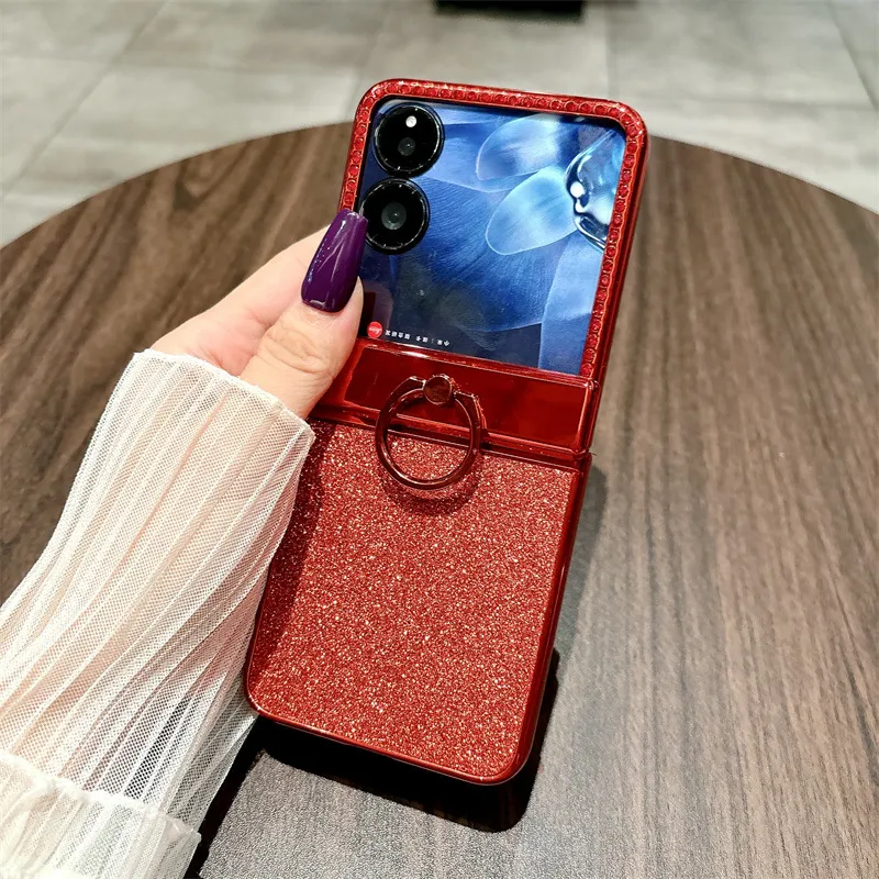 Compatible with Xiaomi MIX Flip phone case, China Red folding ring glitter full-coverage hinge drop protection