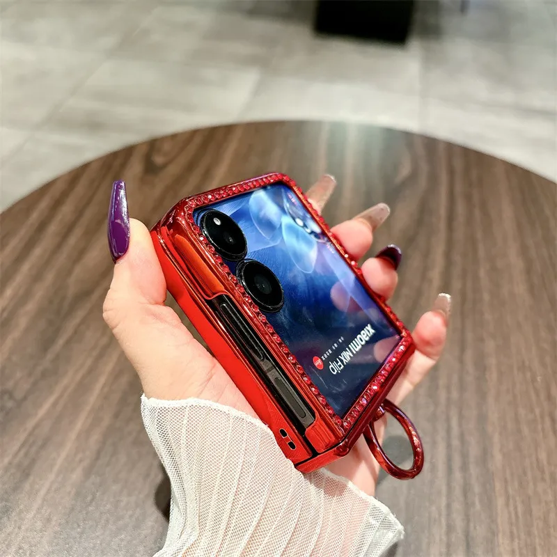Compatible with Xiaomi MIX Flip phone case, China Red folding ring glitter full-coverage hinge drop protection