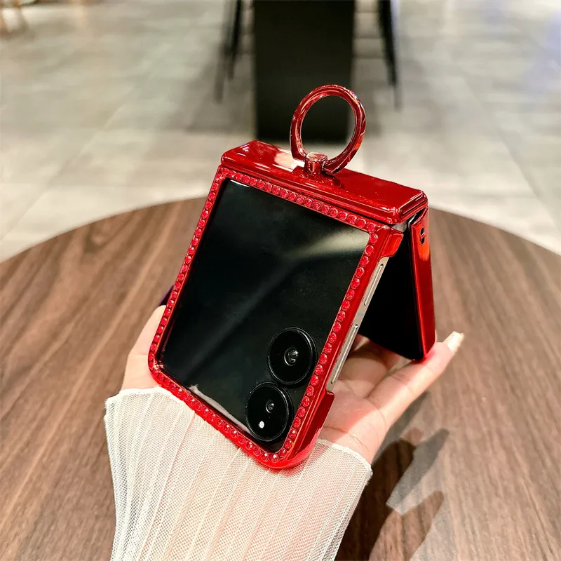 Compatible with Xiaomi MIX Flip phone case, China Red folding ring glitter full-coverage hinge drop protection