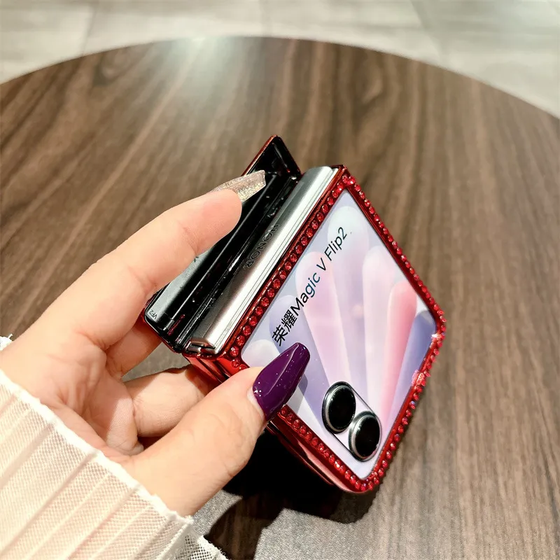 Compatible with Honor Magic V Flip2 phone case, foldable screen, China Red luxury diamond-studded drop-proof protective case