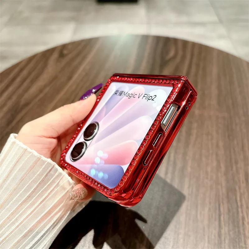 Compatible with Honor Magic V Flip2 phone case, foldable screen, China Red luxury diamond-studded drop-proof protective case