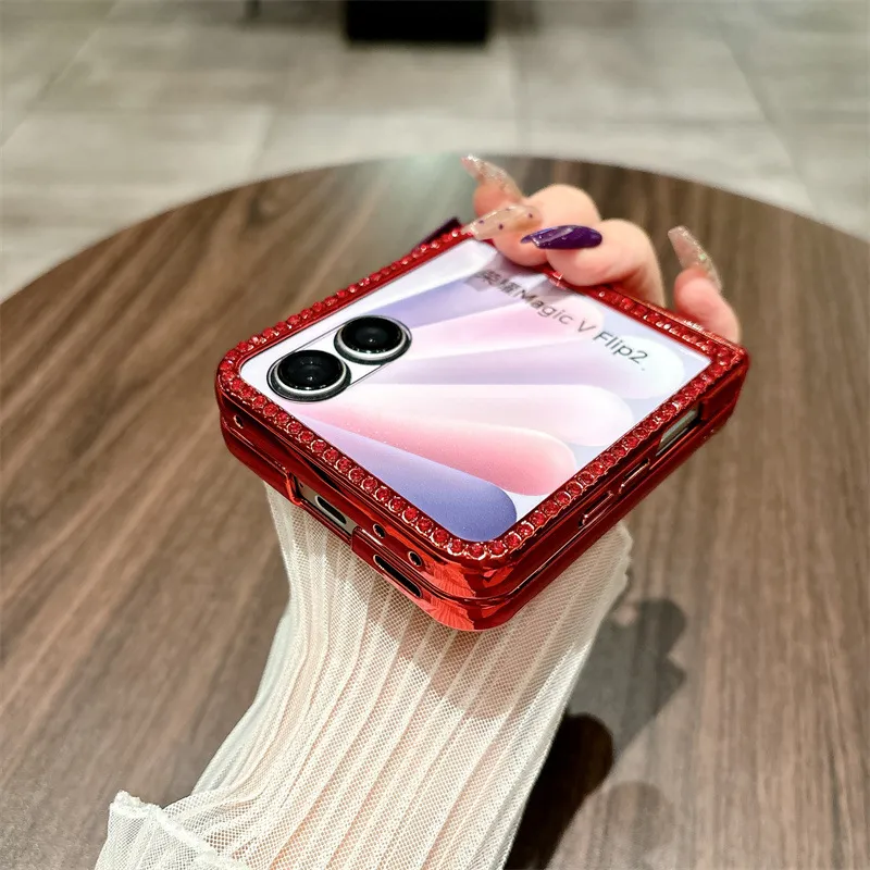 Compatible with Honor Magic V Flip2 phone case, foldable screen, China Red luxury diamond-studded drop-proof protective case