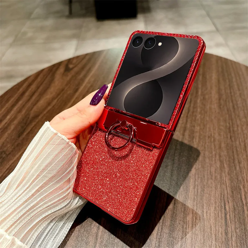 Compatible with Samsung ZFlip 8 phone case, ZFLIP 7 foldable screen glitter ring full-coverage drop-proof protective leather case