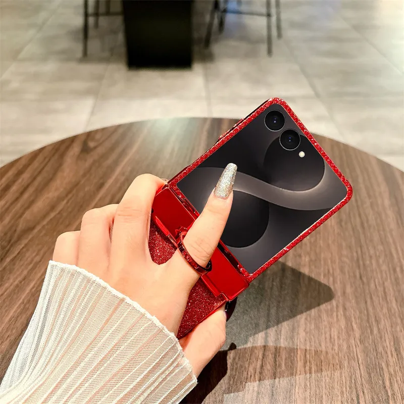 Compatible with Samsung ZFlip 8 phone case, ZFLIP 7 foldable screen glitter ring full-coverage drop-proof protective leather case