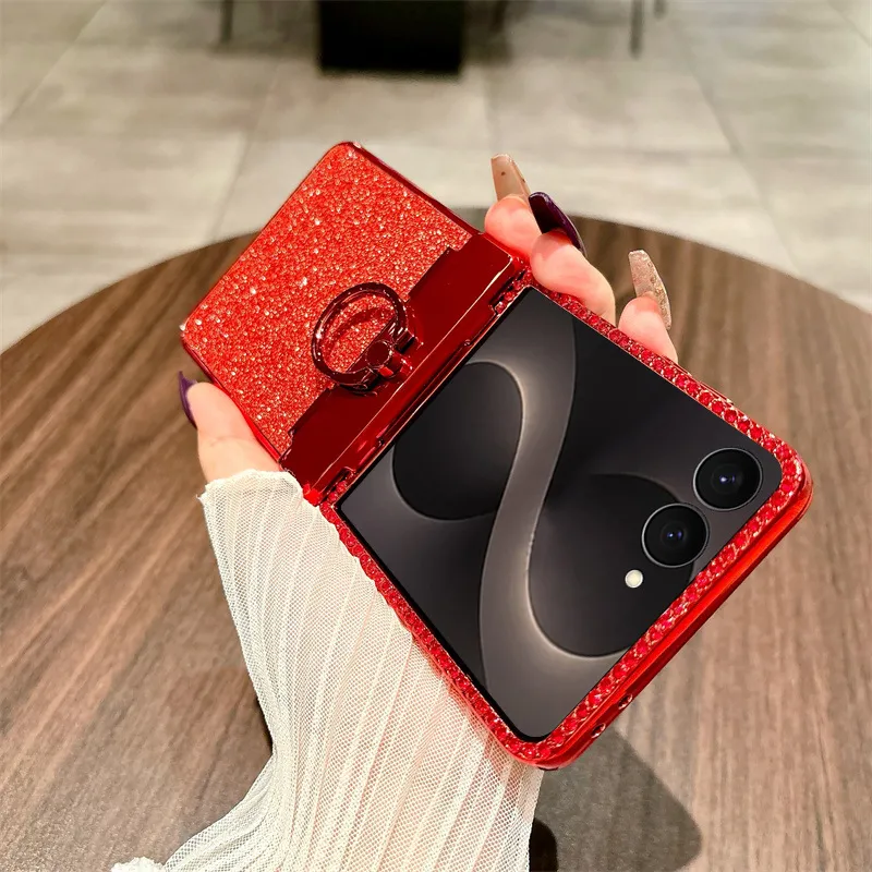 Compatible with Samsung ZFlip 8 phone case, ZFLIP 7 foldable screen glitter ring full-coverage drop-proof protective leather case