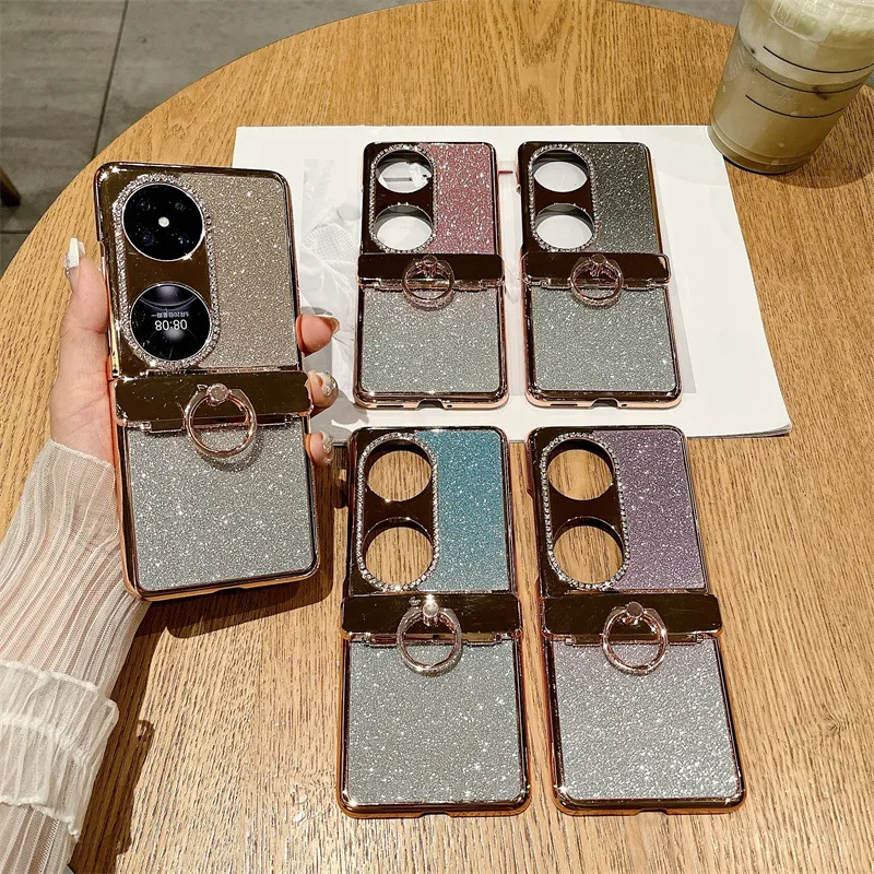 Huawei Pocket 2 Phone Case P50 Treasure Box Foldable Screen Protective Leather Case Vegan Leather Ring Glitter 5G Drop Protection Applicable