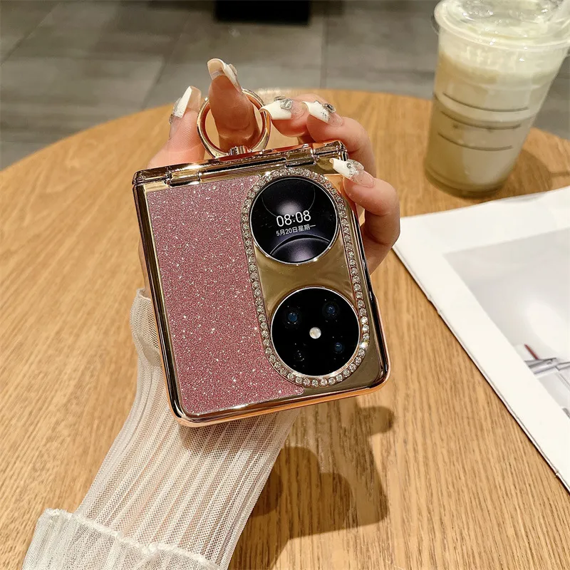Huawei Pocket 2 Phone Case P50 Treasure Box Foldable Screen Protective Leather Case Vegan Leather Ring Glitter 5G Drop Protection Applicable