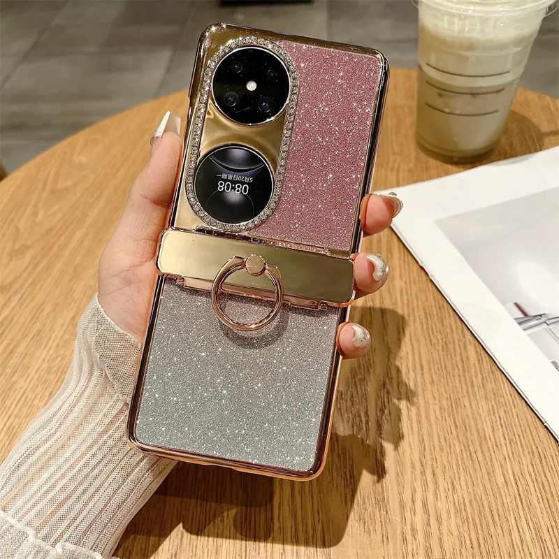 Huawei Pocket 2 Phone Case P50 Treasure Box Foldable Screen Protective Leather Case Vegan Leather Ring Glitter 5G Drop Protection Applicable