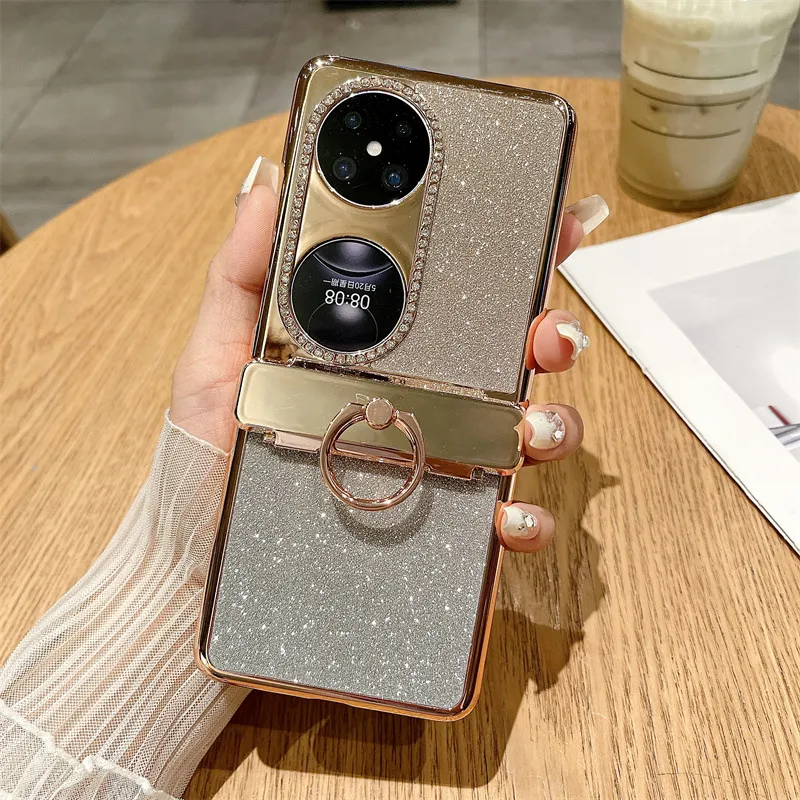 Huawei Pocket 2 Phone Case P50 Treasure Box Foldable Screen Protective Leather Case Vegan Leather Ring Glitter 5G Drop Protection Applicable
