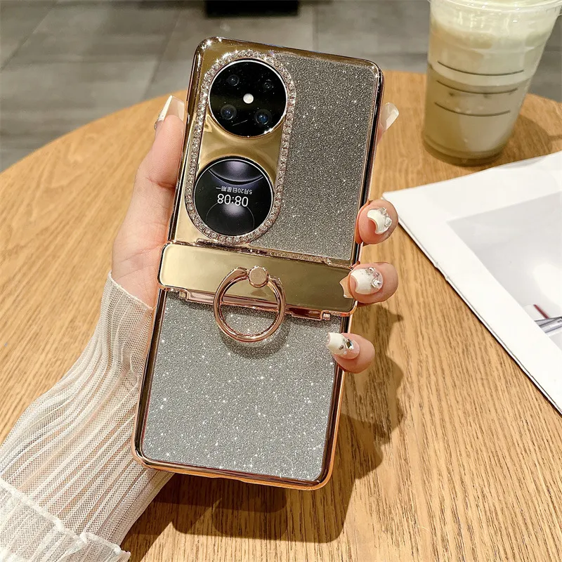 Huawei Pocket 2 Phone Case P50 Treasure Box Foldable Screen Protective Leather Case Vegan Leather Ring Glitter 5G Drop Protection Applicable