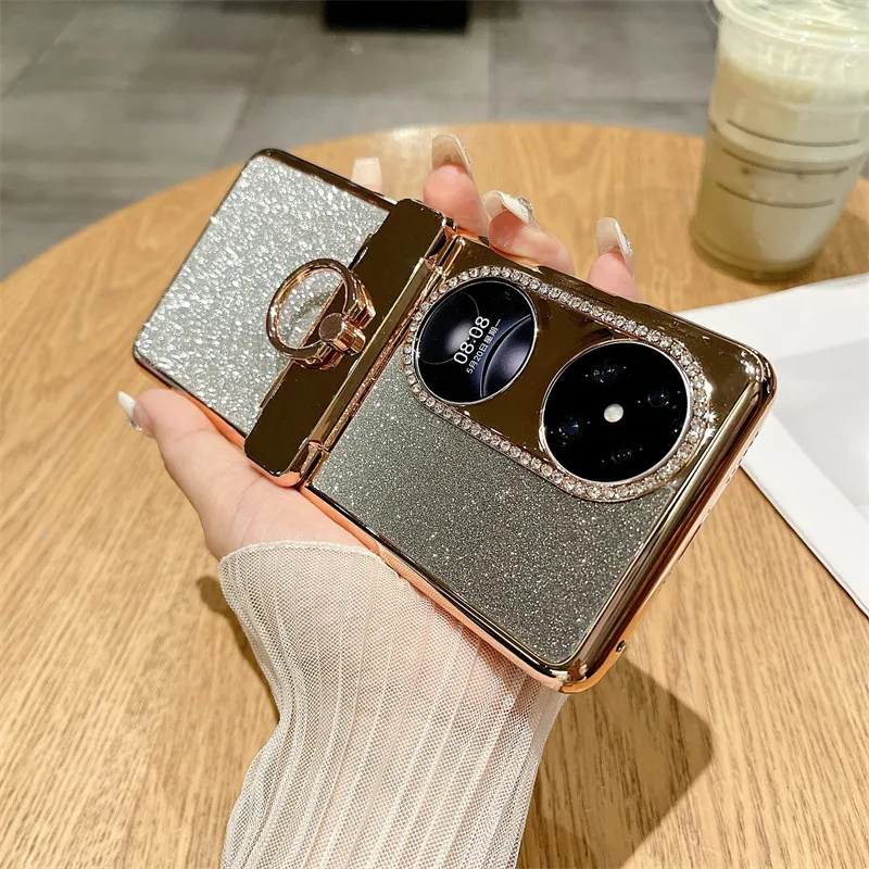 Huawei Pocket 2 Phone Case P50 Treasure Box Foldable Screen Protective Leather Case Vegan Leather Ring Glitter 5G Drop Protection Applicable