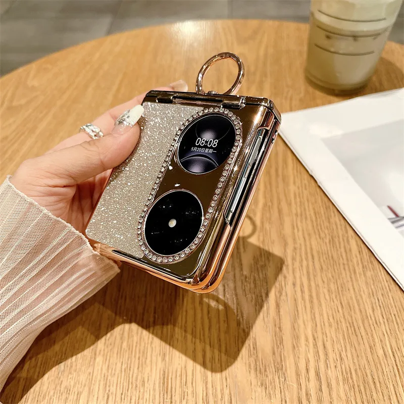 Huawei Pocket 2 Phone Case P50 Treasure Box Foldable Screen Protective Leather Case Vegan Leather Ring Glitter 5G Drop Protection Applicable