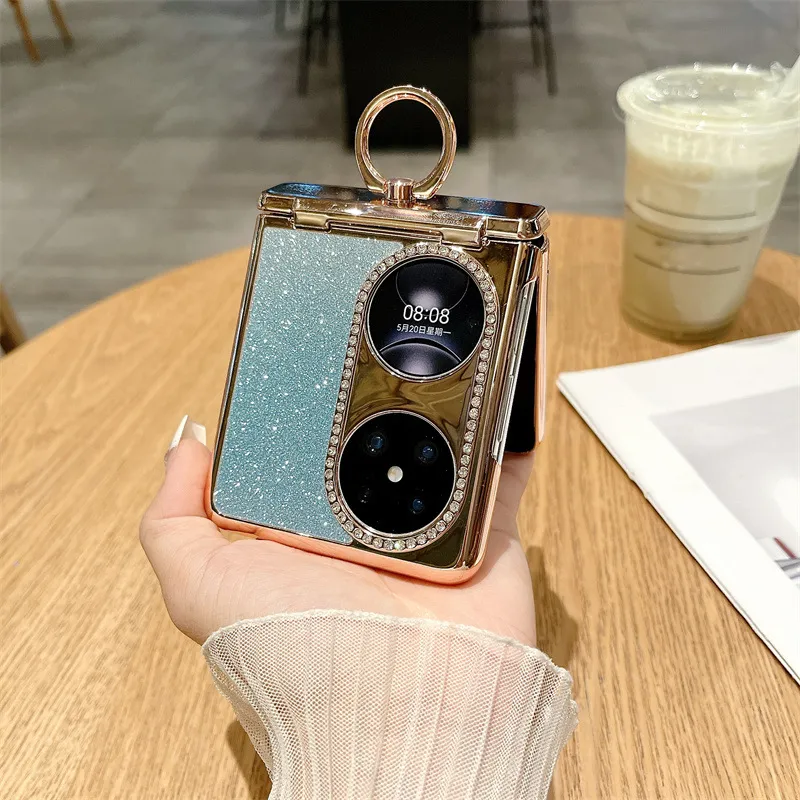 Huawei Pocket 2 Phone Case P50 Treasure Box Foldable Screen Protective Leather Case Vegan Leather Ring Glitter 5G Drop Protection Applicable