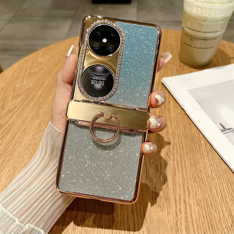 Huawei Pocket 2 Phone Case P50 Treasure Box Foldable Screen Protective Leather Case Vegan Leather Ring Glitter 5G Drop Protection Applicable