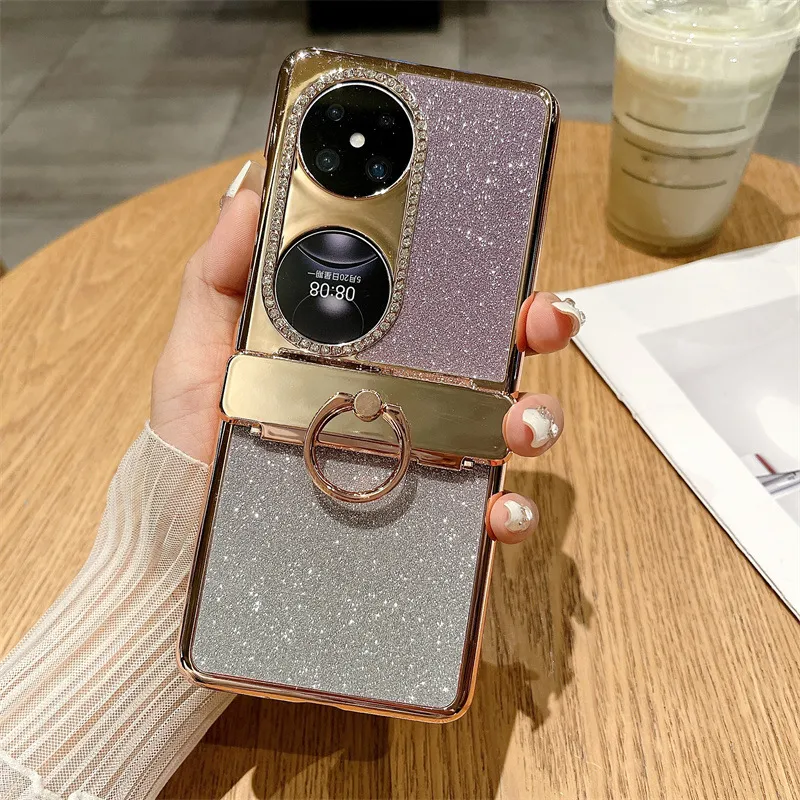 Huawei Pocket 2 Phone Case P50 Treasure Box Foldable Screen Protective Leather Case Vegan Leather Ring Glitter 5G Drop Protection Applicable