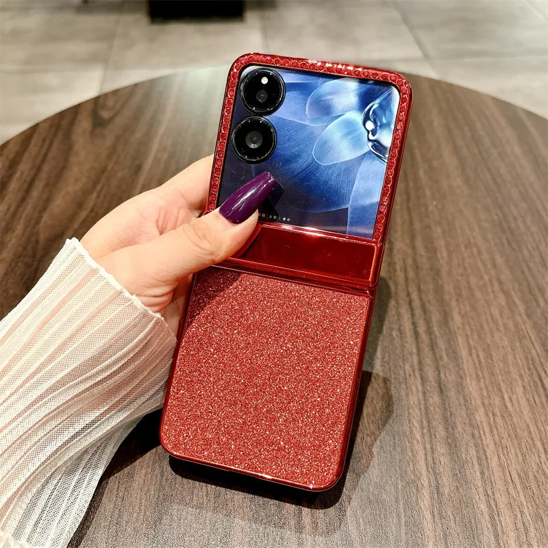 Compatible with Xiaomi MIX Flip phone case, China Red, folding, sparkling glitter, full-coverage hinge, drop protection.