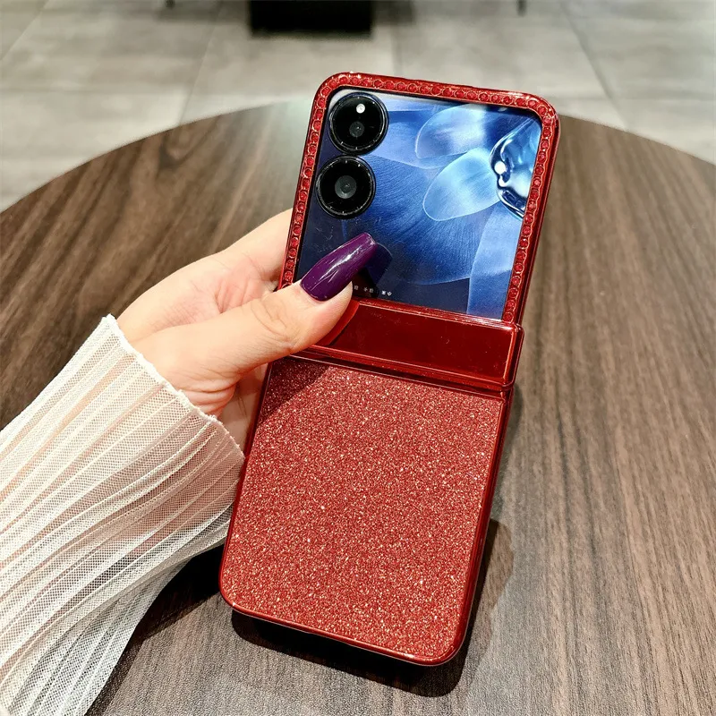 Compatible with Xiaomi MIX Flip phone case, China Red, folding, sparkling glitter, full-coverage hinge, drop protection.