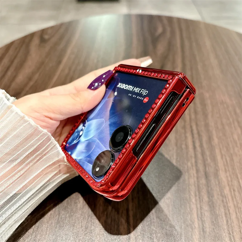 Compatible with Xiaomi MIX Flip phone case, China Red, folding, sparkling glitter, full-coverage hinge, drop protection.