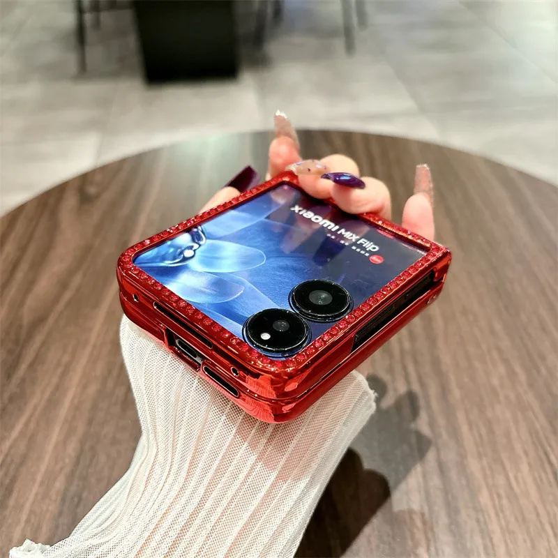 Compatible with Xiaomi MIX Flip phone case, China Red, folding, sparkling glitter, full-coverage hinge, drop protection.