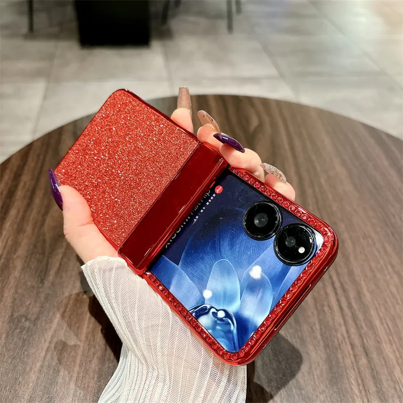Compatible with Xiaomi MIX Flip phone case, China Red, folding, sparkling glitter, full-coverage hinge, drop protection.